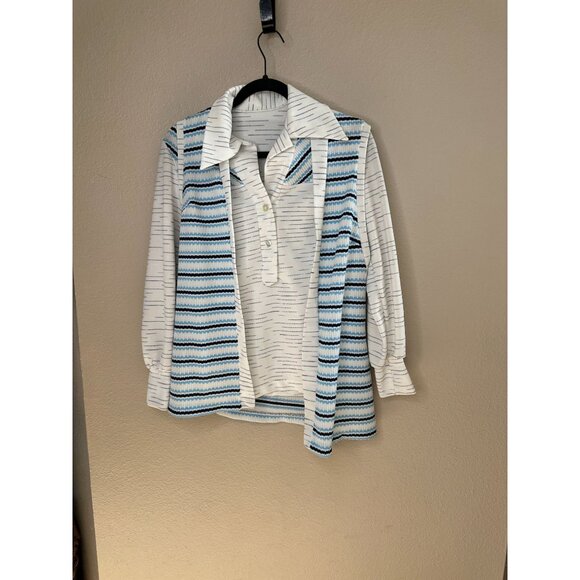 Women’s Blue white blouse & vest vintage collared button up - Picture 1 of 7